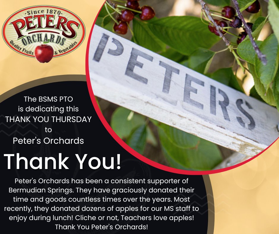 Peters Orchards has been a consistent supporter of Bermudian Springs. They have graciously donated their time and goods countless times over the years. Most recently, they donated dozens of apples for our MS staff to enjoy during lunch! 
Thank You Peters Orchards!