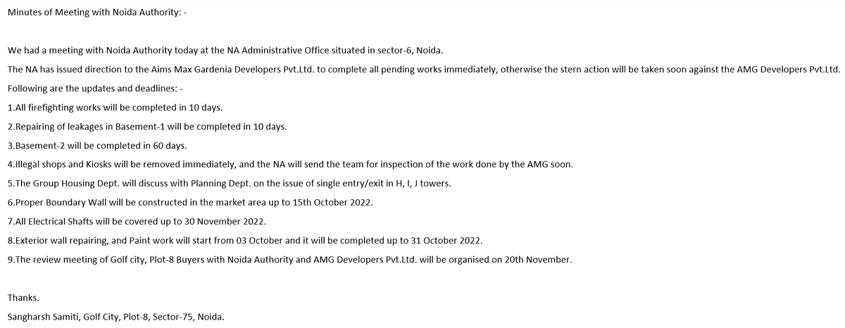 MoM from a meeting organized by <a href="/NoidaAuthority/">Noida-Greaternoida</a> and <a href="/AMG/">Anne-Marie Gauthier</a> ( handling <a href="/spectrum_noida/">Spectrum Metro</a> ). Hope the builder lives upto its works and make the lives of residents liveable...

<a href="/CeoNoida/">CEO, NOIDA Authority</a>
<a href="/NoidaAuthority/">Noida-Greaternoida</a>
<a href="/CMOfficeUP/">CM Office, GoUP</a>
<a href="/myogiadityanath/">Yogi Adityanath</a>
<a href="/dr_maheshsharma/">Dr. Mahesh Sharma</a>
<a href="/PankajSinghBJP/">Pankaj Singh</a>
<a href="/NandiGuptaBJP/">Nand Gopal Gupta 'Nandi'</a>