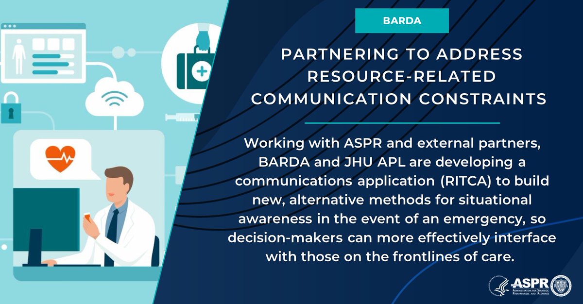 BARDA's tweet image. BARDA, @ASPRgov &amp;amp; the Johns Hopkins University Applied Physics Laboratory @JHUAPL are working together to develop an app to address challenges with timely communications faced by emergency response orgs &amp;amp; medical professionals delivering critical care: bit.ly/3UwSiOh