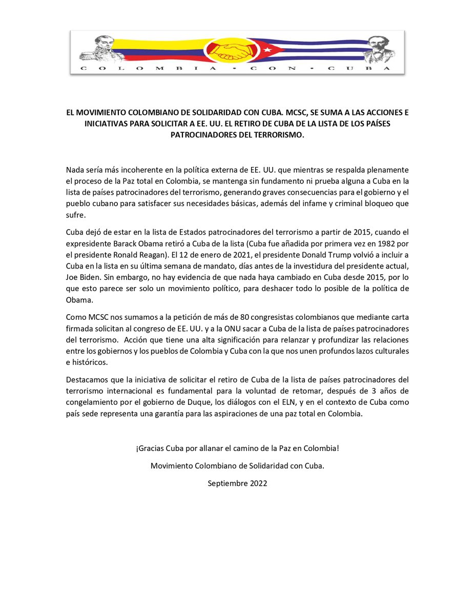 MCSC se suma a la solicitud de retirar a Cuba de la lista de patrocinadores del terrorismo internacional.