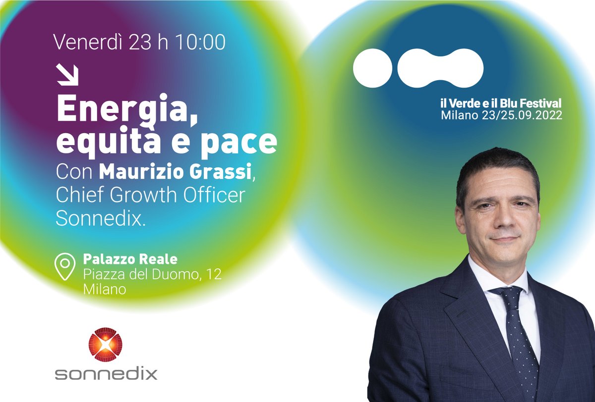Thank you <a href="/ilverdeeilblu/">il Verde e il Blu Festival</a> for having Maurizio Grassi, Chief Growth Officer at Sonnedix, speak today on the ‘Energy, Equity and Peace’ panel during Italy's largest national event on #Sustainability and digital, sharing the visions for our planet's future.  #VerdeBluFestival