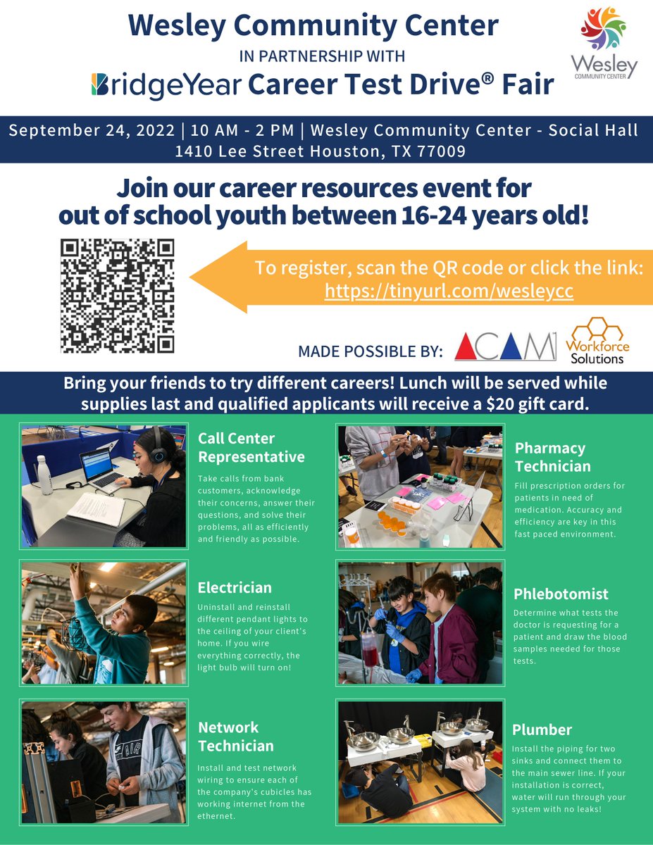 Tomorrow, September 24th, is our career resources event for out of school youth between 16-24 years old. Bring your friends to try different careers! To register visit tinyurl.com/wesleycc #WesleyEmpowers #CareerGrowth #HoustonEvents