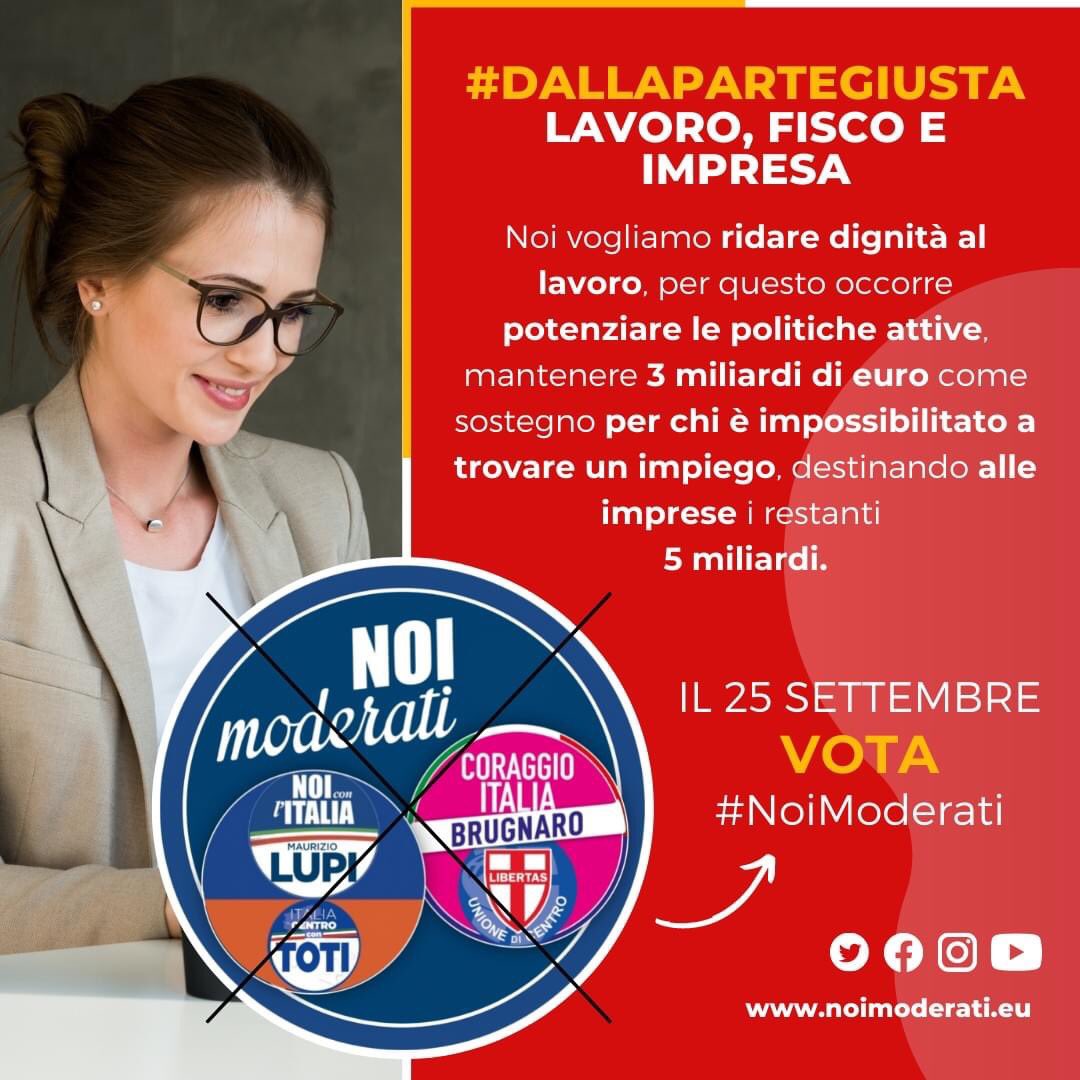 #NoiModerati vogliamo implementare le #politicheattive, rivedendo il #RdC per destinare alle imprese i soldi risparmiati, andando ad aiutare anche l'imprenditoria giovanile abbattendo il cuneo fiscale. La dignità è il lavoro, non l'assistenzialismo di Stato
#TorniamoAFarePolitica