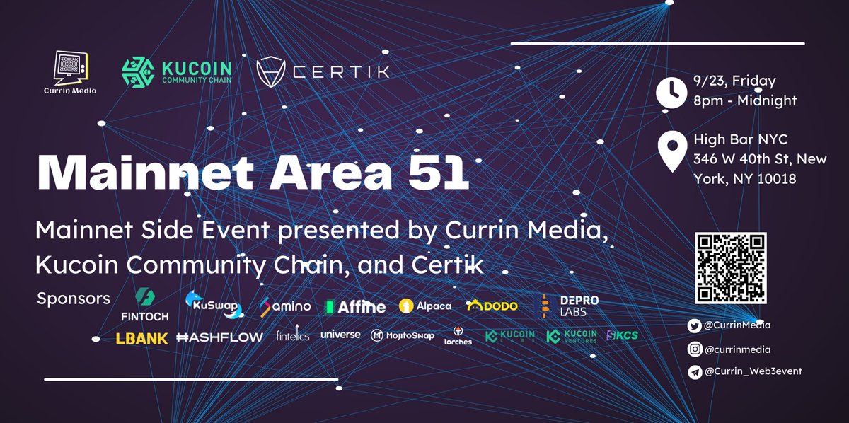 CurrinMedia's tweet photo. Calling all web2 aliens : Are you ready for Web3?

Hosting an after party with @KCCOfficialTW  and @CertiK at High Bar NYC!

Join us tonight, 8pm-Midnight!
@DeproLabs2022 @BreederDodo @LBank_Exchange @Fintelics1 @hashflow @affinedefi @AlpacaWeb3 

Register https://t.co/Ovl8EJNGpb https://t.co/11472FlXEt