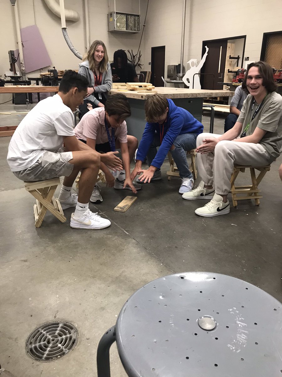 This crew is taking their new camp fire stools for a dry run. Their camp fire might be pretend, but there is nothing imaginary about the quality of their builds. <a href="/HumbleISD_WMS/">Woodcreek Middle</a> <a href="/HumbleISD_CTE/">Humble ISD CTE</a>