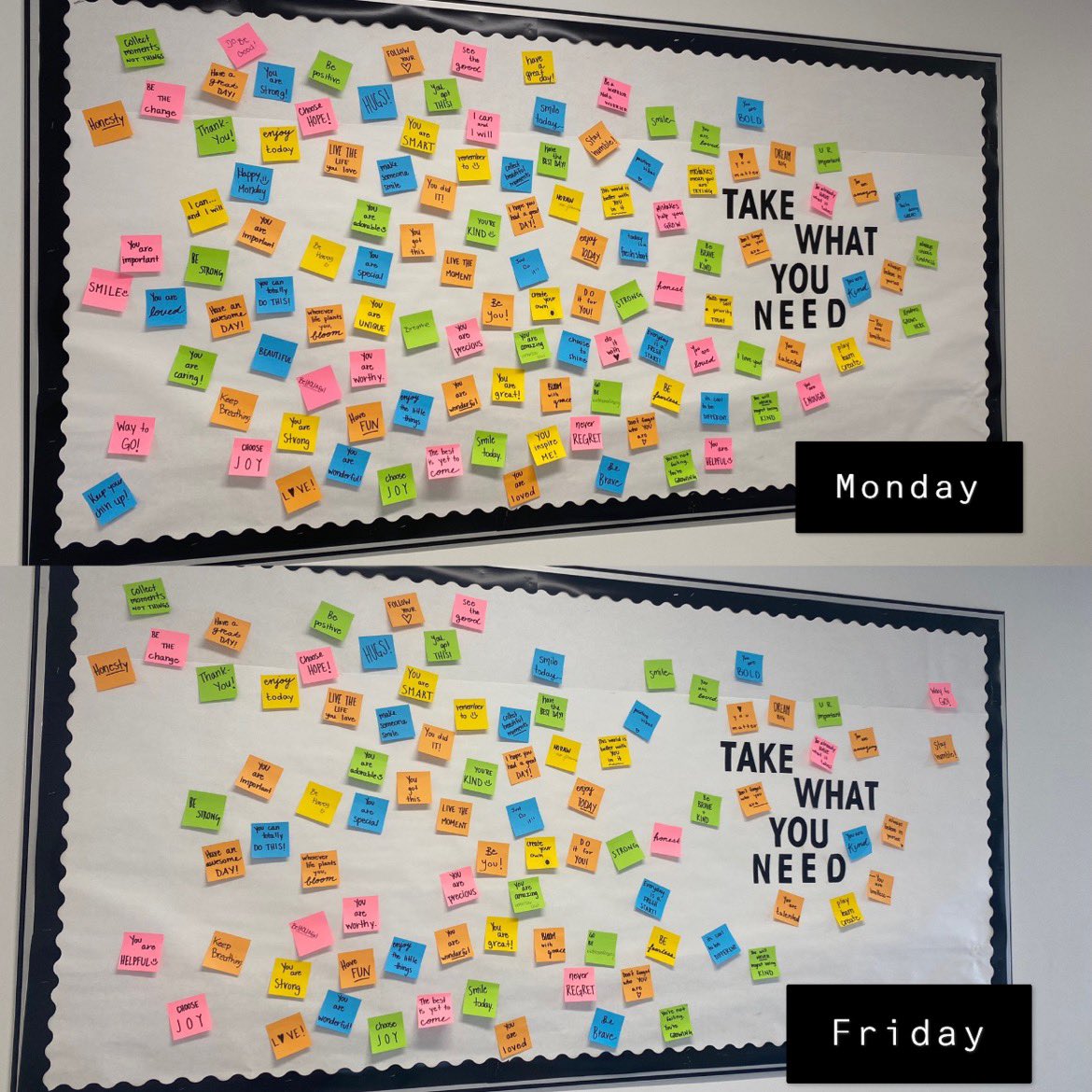 missogordon's tweet photo. I had to share a comparison of my interactive bulletin board from Monday ➡️ Friday 

It makes me so excited anytime I see students with theses stickies! 

#happyfriday #interactivebulletinboard #takewhatyouneed 
@SturgisComp https://t.co/2CkC7fTQ4F