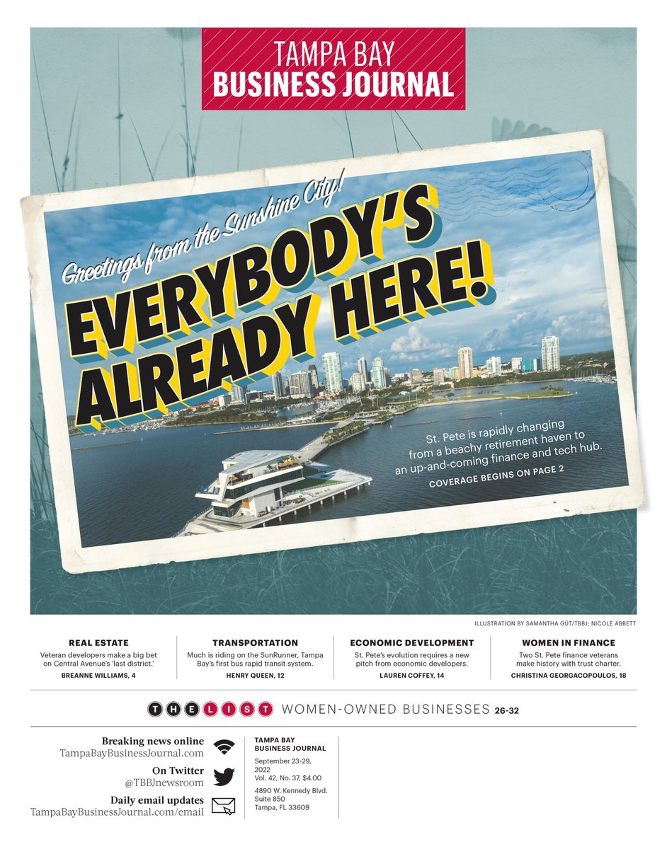 .<a href="/TBBJnewsroom/">Tampa Bay Business Journal</a>’s inaugural St. Pete edition might be my favorite cover of ours this year 🤩 We covered the city across the board, but you can start with my Q&amp;A w/ <a href="/StPeteEDC/">St. Petersburg Area EDC</a>’s <a href="/jpdubuqueFL/">J. P. DuBuque</a> on how he balances recruiting + retaining talent amid rising rent. bizjournals.com/tampabay/news/…