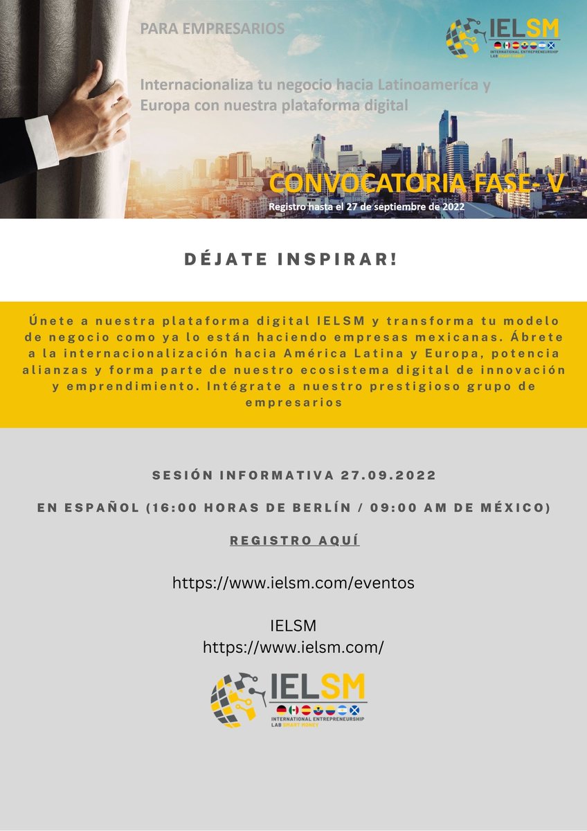 rpalacioshub's tweet photo. ¿Quieres internacionalizar tu modelo de negocio de #europa a #latinoamérica? Preinscríbete aquí y asiste a la sesión informativa este 27.09.2022 a las 17:00
https://t.co/wXldWmgGbg https://t.co/Ec1BcHeiXC