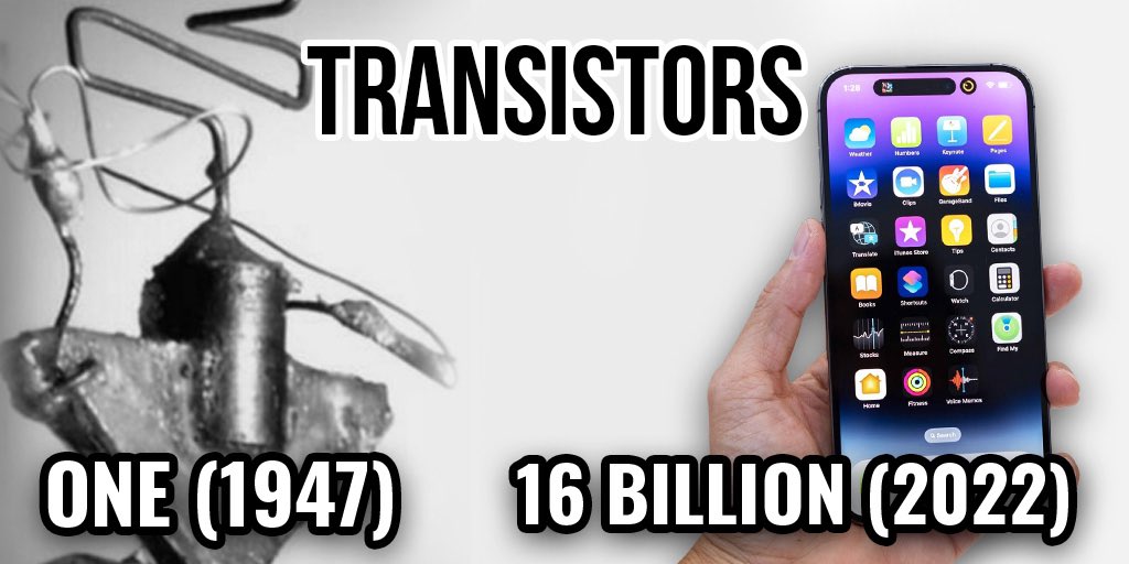 Briankeating's tweet photo. Technology is the ultimate expression of pure science. 

On the left is the first transistor, the revolutionary byproduct of quantum mechanics. On the right, the iPhone 14 just 75 years later, about the same size!

Never underestimate human ingenuity, nor the pace of innovation. https://t.co/WISxW0FBIE