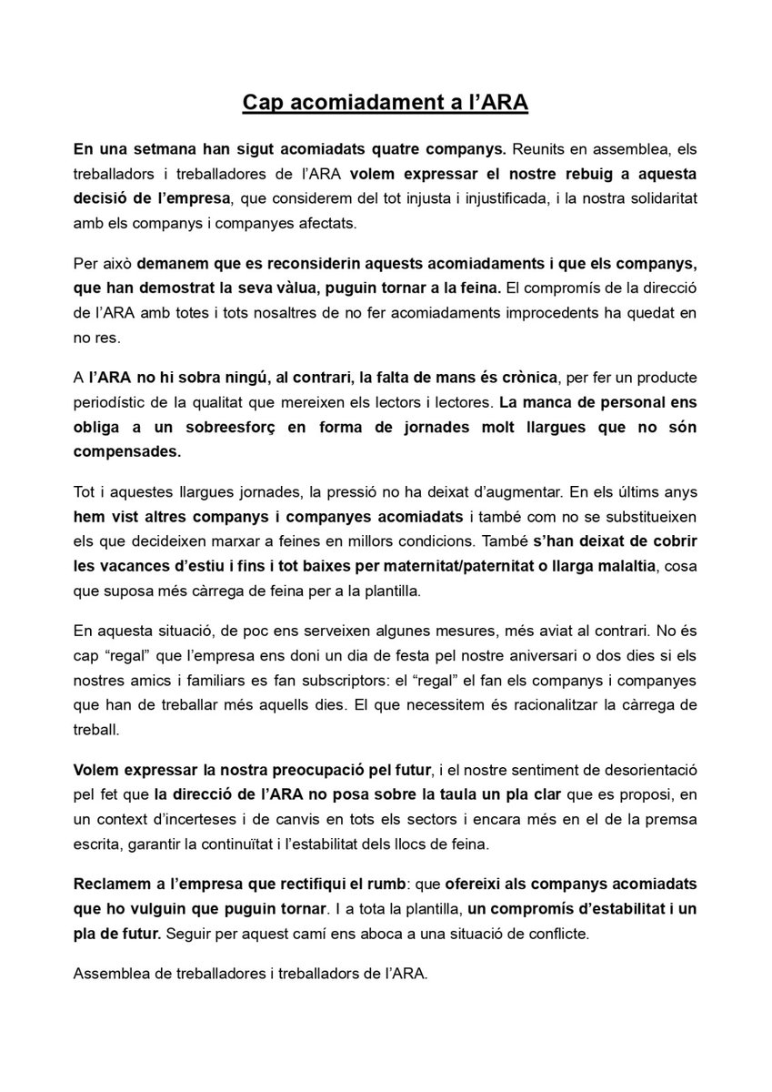 Comunicat de l'assemblea de treballadores i treballadors del @diariara contra els acomiadaments dels últims dies