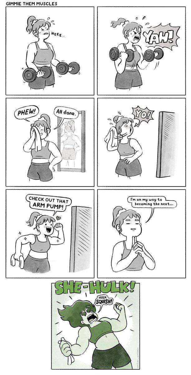 I have only watched the first episode of #SheHulk and all I have to say is WHERE’S THE MUSCLE?! She looks more like a green athlete than a HULK. Anyone else agree? #comics #webcomics #comicstrips #adashofsillycomics #weightlifting #workingout #hulk #strengthtraining #muscles