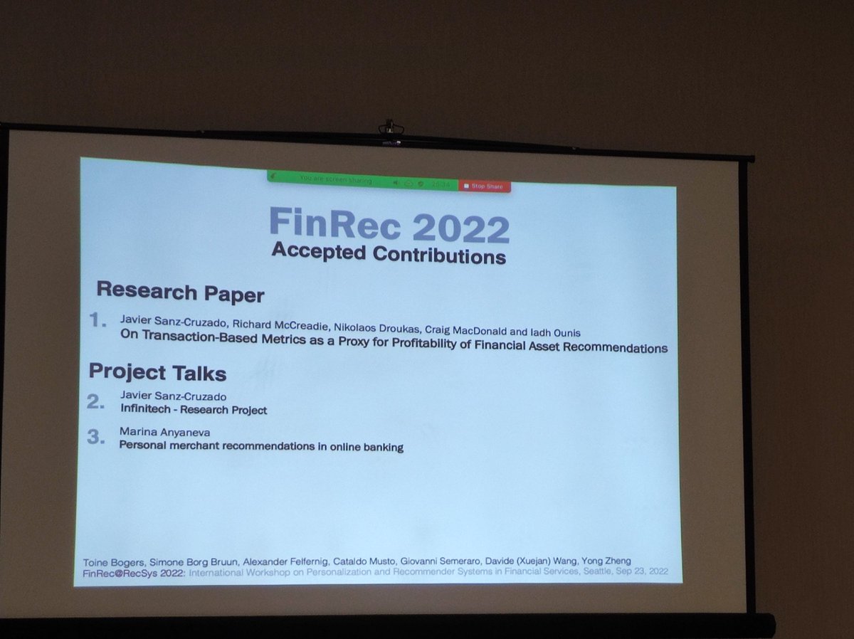 The <a href="/FinrecW/">FinRec ws@ACM RecSys 2022</a> workshop is going on. My colleague <a href="/JavierSanzCruza/">Javier Sanz-Cruzado</a> will present his research paper "On Transaction-Based Metrics as a Proxy for Profitability of Financial Asset Recommendations". Then, he will also give a talk about "Infinitech - Research Project". #recsys2022