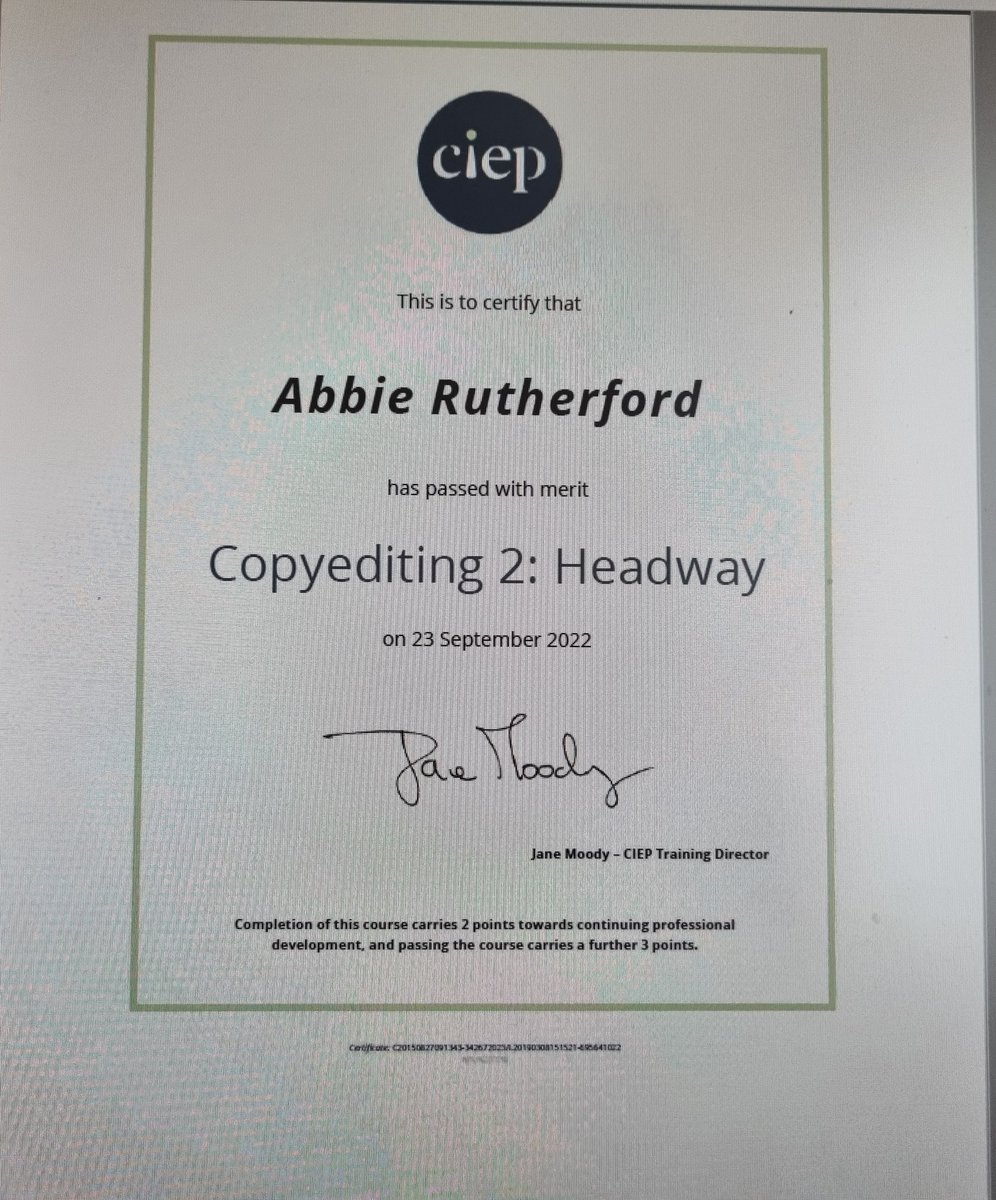 Delighted to have passed the CIEP's Copyediting 2 course with a merit.

(Dodgy photo of screen because I can't be bothered to turn the printer on!)

#FreelanceEditor #Editor