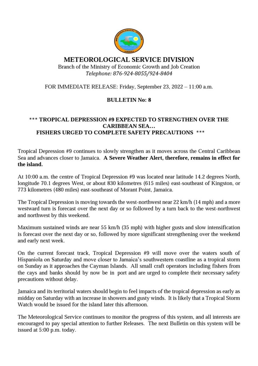 MetserviceJA's tweet photo. Tropical Depression #9 continues over the central Caribbean and fishers in Jamaica are urged to complete safety precautions.  It is likely that the Meteorological Service will issue a Tropical Storm Watch later this afternoon. https://t.co/k6jRsx88Cv