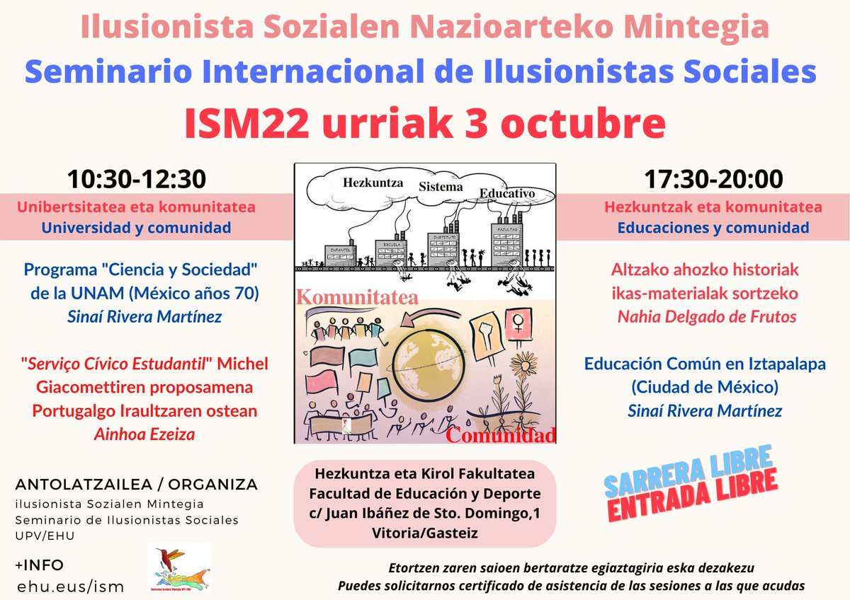 ilusozialak's tweet photo. Urriaren 3an, etorri gurekin eztabaidatzera! Hezkuntza, unibertsitatea eta komunitatea, nola elkarlotu, kolonizatu gabe?
https://t.co/n8ctSHrAfh

Sinaí Rivera Martínez @Sinrimar, Nahia Delgado de Frutos eta @ainhoaezeiza Gasteizen. Sarrera libre https://t.co/0OTBKmvmPE