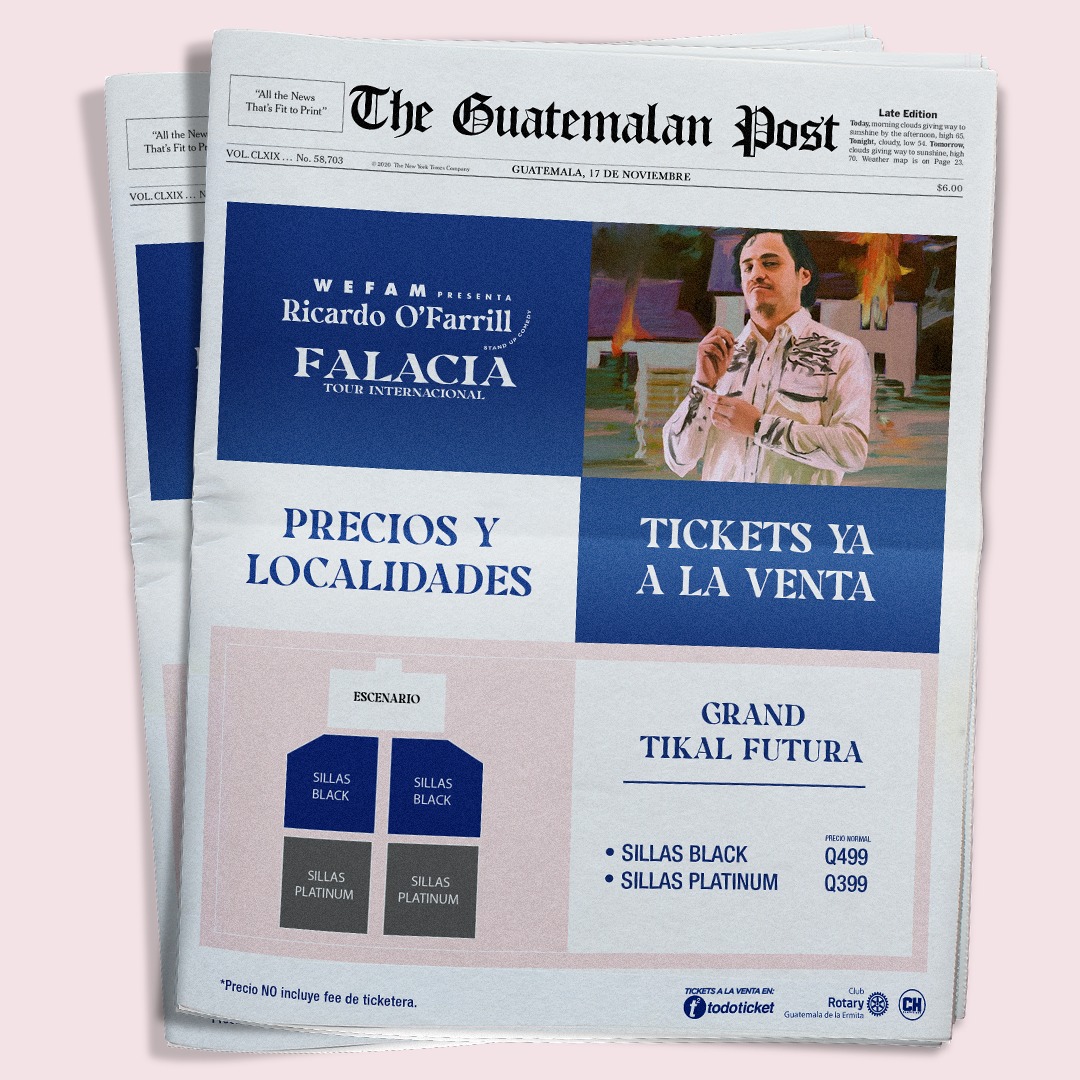 chpguatemala's tweet photo. ¡TICKETS YA A LA VENTA! #FalaciaTour 🔥
Corre y elige la localidad de tu preferencia, este es un show que no te puedes perder 🤪
@todoticket 🎟
📆 17 de noviembre
📍 Grand Tikal Futura Hotel
⏰ 8:00 pm
#CHPromotionsIsBack #ricardoofarrill #Show #Comedia #Guatemala #humor https://t.co/HzOmCSKouP