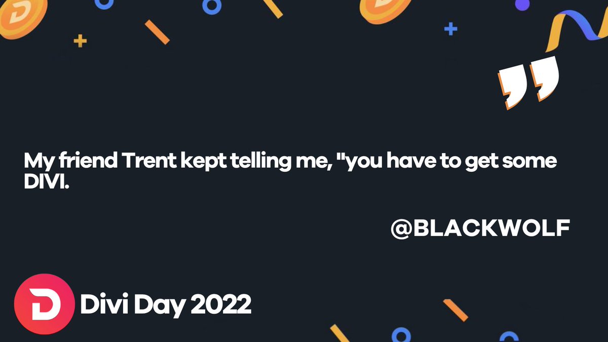 DiviProject's tweet photo. For #DiviDay2022, we also asked how you got started in $DIVI.  Blackwolf succumbed to peer pressure. 🤣

Cheers, Trent, and thank you for being part of and sharing this amazing community! 🤝

Only 2 days until #DiviDay 👀 https://t.co/BW8DES28mX
