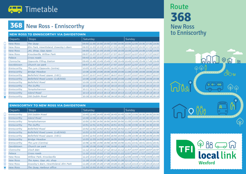LocalLinkWex's tweet photo. ROUTE 368 NEW ROSS TO ENNISCORTHY
Updated timetable from Sat 24th - Read out all about it on https://t.co/bn6kS9mB8T
#NewRoss #Davidstown #Enniscorthy
@TFIupdates @visitwexford @Wexfordbus https://t.co/2UQIRKhK5v