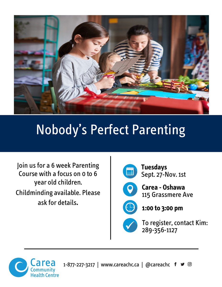 Beginning September 26th, join us for a 6-week Parenting Program with a focus on children up to 6 years old.  Childminding is available.💙

☎️ For more information and to register, please contact Kim: 289-356-1127

#FreeProgram #Oshawa #CareaCommunity