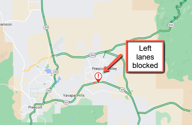 ArizonaDOT's tweet photo. State Route 69 westbound at milepost 288 near Lake Valley Road: A crash is blocking the left lanes.
#SR69 #aztraffic https://t.co/wZRCf2AoAx