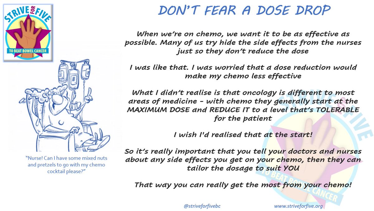 This is my first new chemo tip for a while, it's in response to a number of messages &amp; posts I've seen recently - dose reductions are a routine part of chemo and nothing to worry about

I hope this is helpful, please like &amp; share

#StriveForFive
#stage4cancer
#chemotherapytips