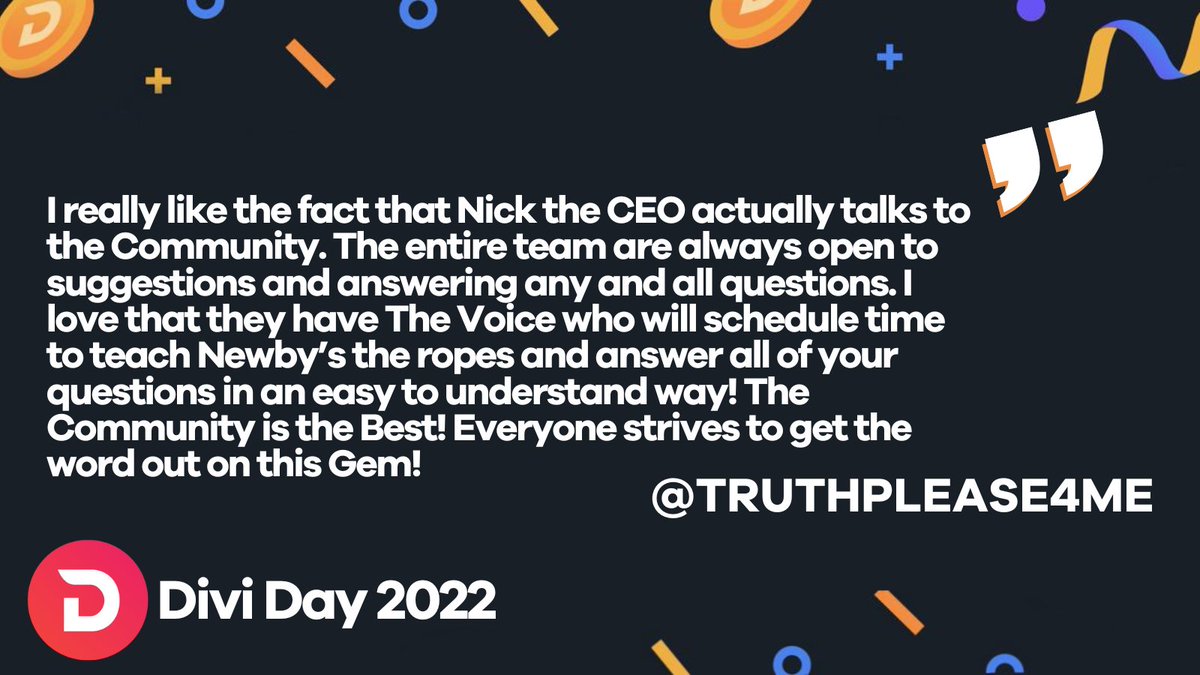 DiviProject's tweet photo. For #DiviDay2022, we asked all of you what your favorite aspect of $DIVI is. @truthplease4me
loves the #transparency demonstrated by the team and our leadership. 👏

Cheers, and thank you for being part of this amazing community! 🤝

Only 1 day until #DiviDay 🔥 https://t.co/KRs0wct907