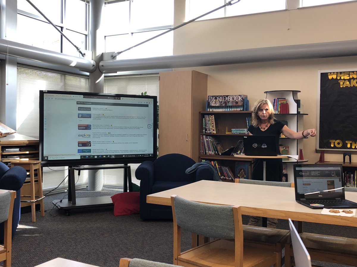 GocoIfs's tweet photo. Double dose of the library! The district librarian teaches students how to use the online library database Destiny at TMS. The same afternoon, Judy presents "Tools for Student Research" to GCSD teachers. #gogoco #library #teachinglibrary #loveofliteracy #research #studentresearch https://t.co/zfXCahYKu3