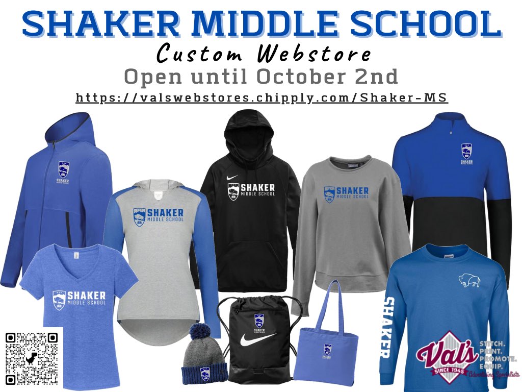 ShakerMiddlePTA's tweet photo. The Shaker Middle School apparel webstore is open!  Shop at https://t.co/fJt3RHBVwh https://t.co/mhxSfhLyqz