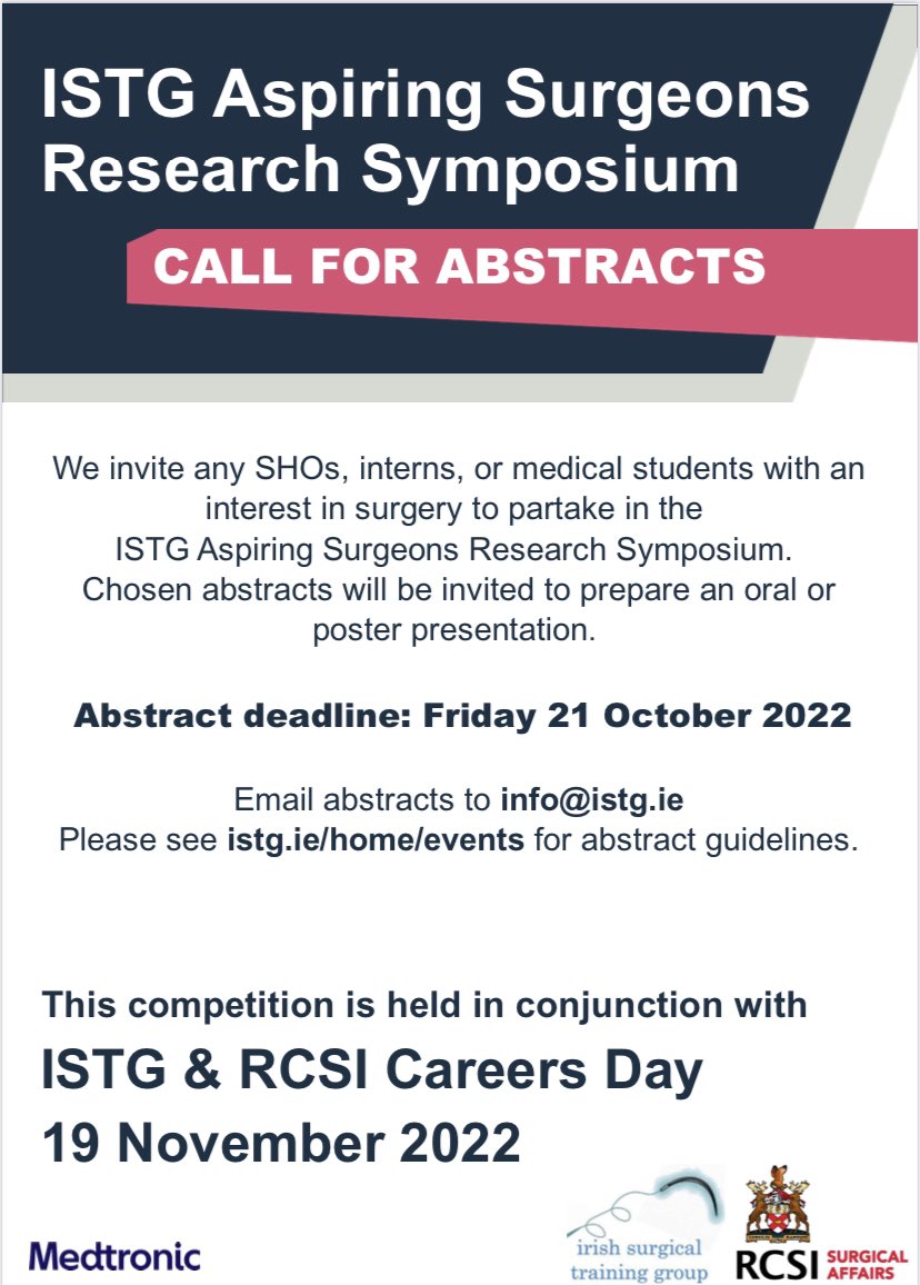 RCSISurgicalSoc's tweet image. Hello all!  We wanted to share a wonderful opportunity to submit abstracts for the ISTG Aspiring Surgeons Research Symposium. 
 
@ISTGofficial @UCDMedicine @UCCSurgSoc @tcdsurgsoc @ucdsurgsoc @RCSIAWS @RCSI_SU_