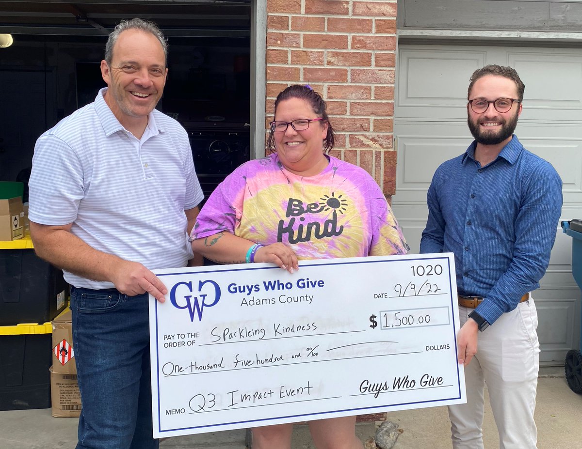 WhoAdams's tweet image. Brian Bernhard and Forrest Hough delivered our collective Q4 Impact Event donation of $1,500 to Angie Bogardus, the President of Sparkling Kindness. #GWG #guyswhogive #adamscounty #colorado #nonprofit