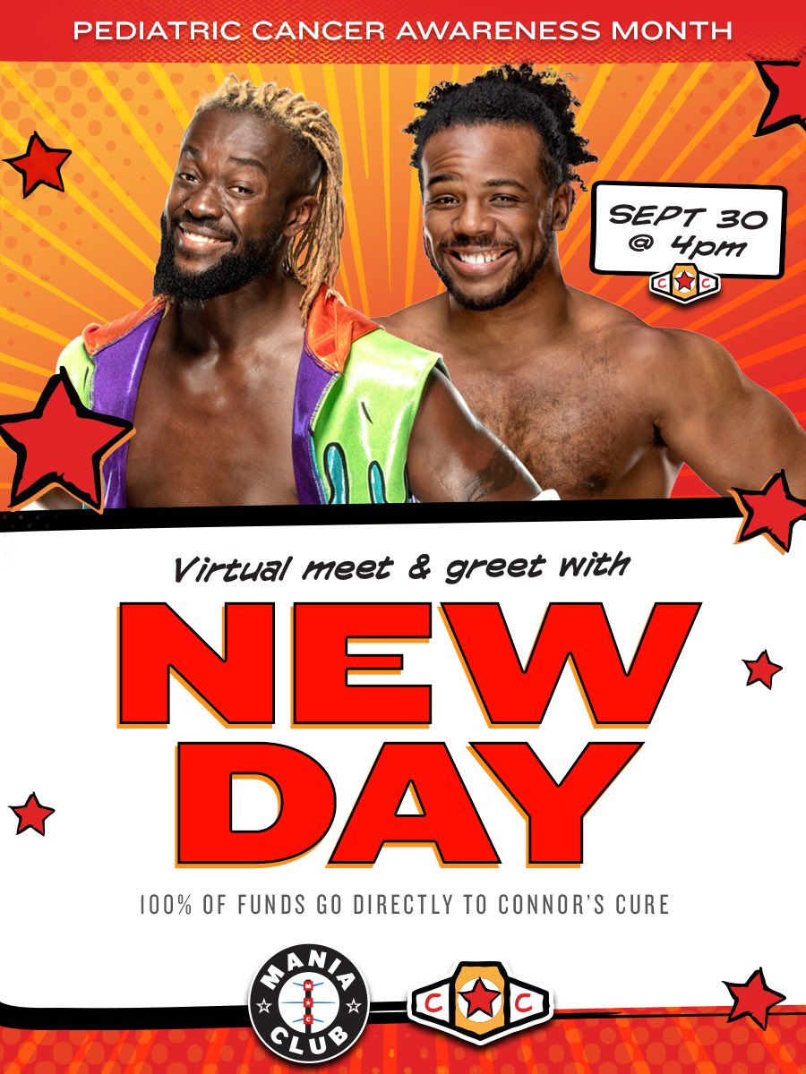 Meet your boys the NEW DAY for Pediatric Cancer Awareness Month! Join @TrueKofi and @AustinCreedWins in Mania Club on September 30th at 4pm EST for a $150 donation to @ConnorsCure! Every penny funds vital pediatric cancer research 🖤 🌈🦄🥞🥣