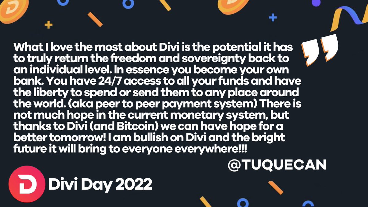 DiviProject's tweet photo. For #DiviDay2022, we asked all of you what your favorite aspect of $DIVI is. The #crypto and financial freedom to everyone, everywhere mantra resonates with @TuqueCan.

Cheers, and thank you for being part of this amazing community! 🤝

Only 5 hours until #DiviDay 🔥 https://t.co/Rp6GYqlAvu