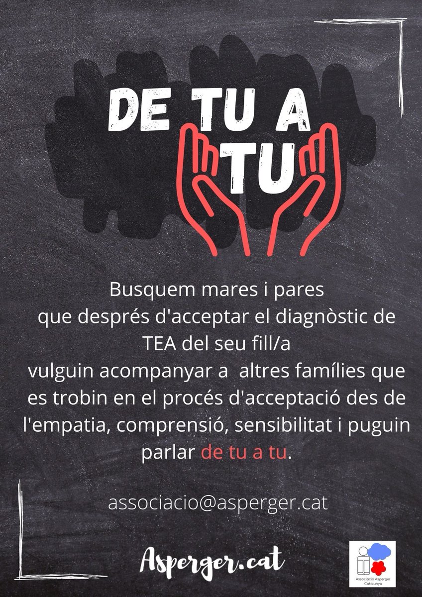 AEspecAutista's tweet photo. Et convidem a participar al nostre projecte "De tu a tu".

Serà un punt de trobada de mares i pares que, després d'acceptar el diagnòstic de #TEA del seu fill/a, vulguin acompanyar altres famílies en el procés d'acceptació.

Inscriu-te: https://t.co/H0VqJuRH6e

#Asperger #Autisme https://t.co/N8mzxoTXfa