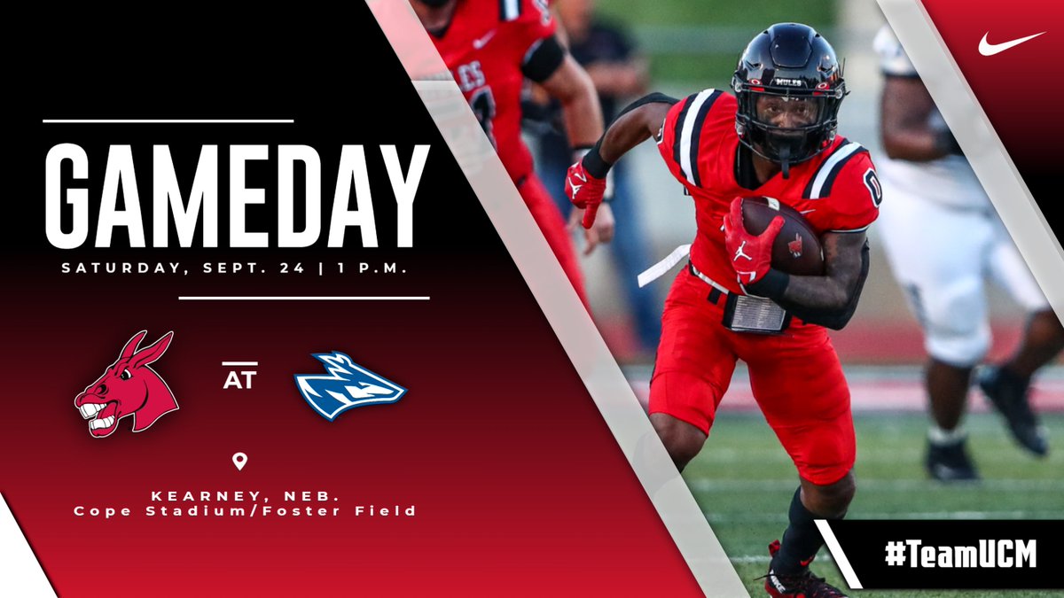 We're in Kearney, Neb., for a Saturday tussle at Nebraska Kearney. 🕐 | 1 p.m. 🏟️ | Cope Stadium/Foster Field 📻 | 1450 KOKO, 107.9 FM, 98.5 The BAR 🔊 | WarrensburgRadio.com 💻 | TheMIAANetwork.com/UCMMULES ($) 📊 | bit.ly/3r017mf #teamUCM x #MuleBrothers