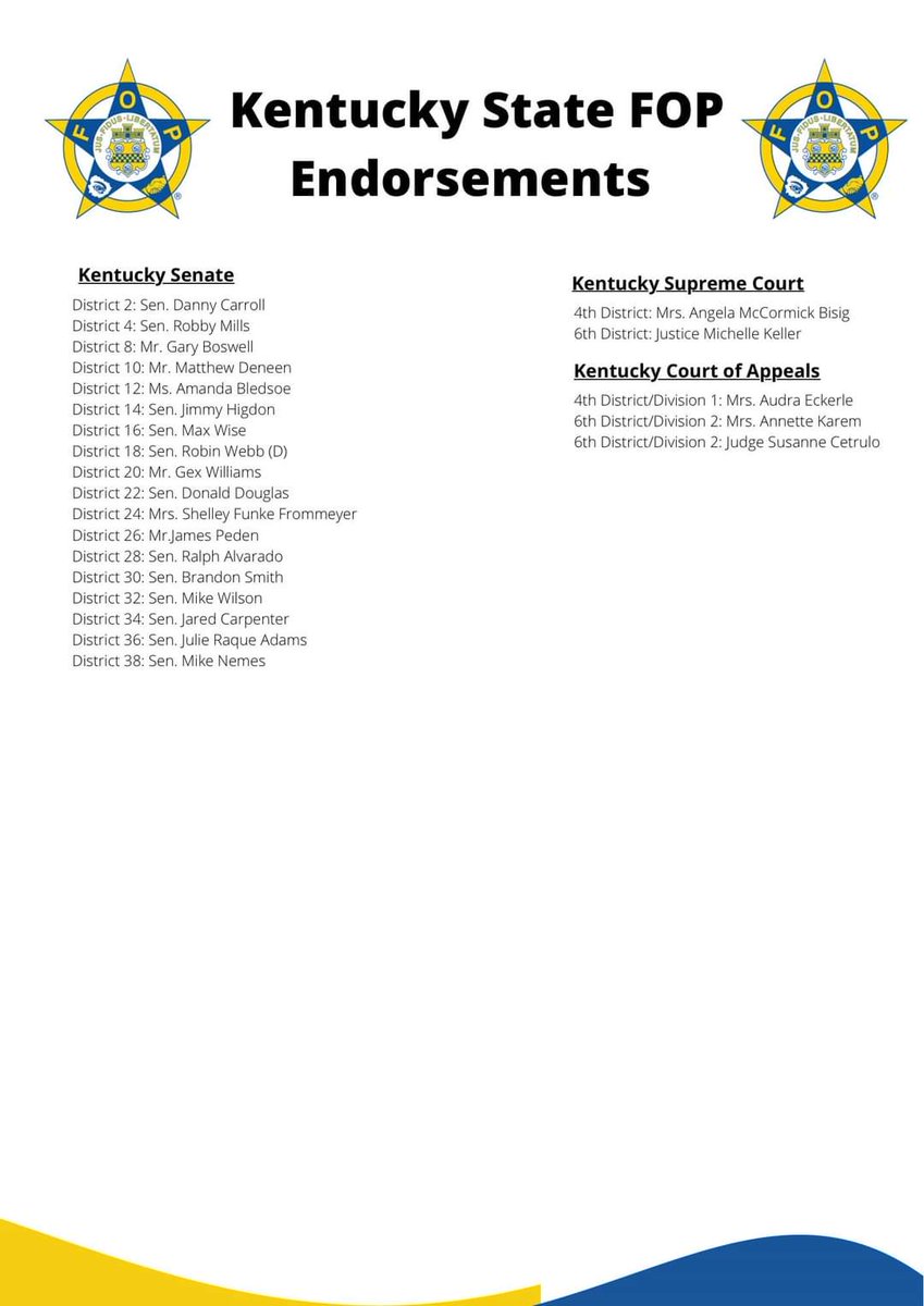 Honored my campaign for State Senator has earned the endorsement of the Kentucky State FOP. Supporting those that protect our communities will always be a priority.