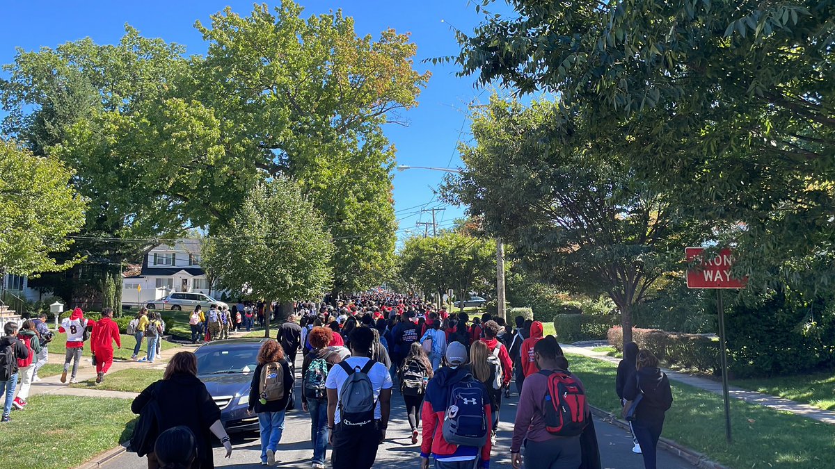 Rahway High School students and staff  led by the marching band to Veterans Field to begin the Battle of the Classes!