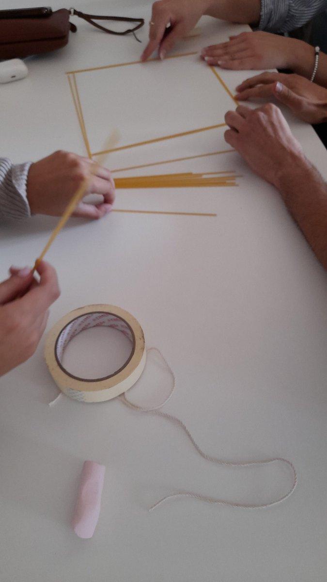 Social_ICADE's tweet photo. el reto: con 20 spaghetti, un trozo de cuerda, cinta adhesiva y una nube...gana el equipo que, en 20 minutos, construya la torre más alta con la nube en lo alto sin que se caiga #teambuilding #objetivosOnTopOf @ICADE_CCEE #businesspurpose https://t.co/CND3uMapp1