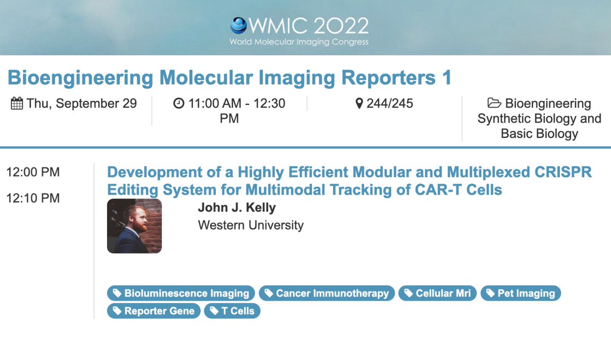 On Thursday, September 29th, you won't want to miss an exciting talk by Dr. <a href="/johnjmkelly/">John Kelly</a> in the Bioengineering Molecular Imaging Reporters session! ⬇️ 
#WMIC2022