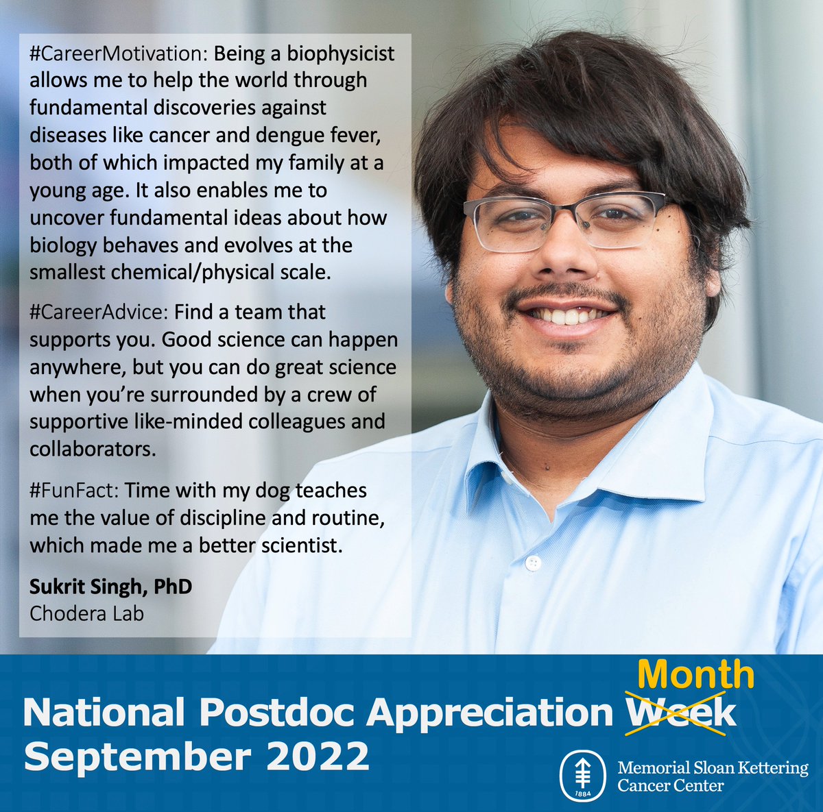 #NPAW2022: meet #MSKPostdoc Sukrit Singh from the <a href="/jchodera/">John Chodera (he/him)</a> Lab. <a href="/sukritsingh92/">Sukrit Singh</a> uses protein structural models, biophysical predictions, &amp; exascale computing <a href="/foldingathome/">Folding@home</a> to understand cancer-causing mutations &amp; therapy resistance. Goal: find ideal patient-tumor treatment. 🇮🇳🇸🇬