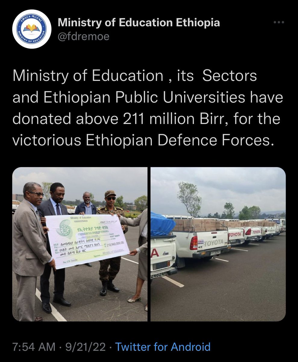 SMGebru's tweet photo. This is precisely why donor countries &amp; @WorldBank should stop funding #Ethiopia’s Abiy regime. Aid is being misused, fueling the war in #Tigray. Could you imagine your home country’s education ministry or health ministry donating to the armed forces for a war effort…? https://t.co/Fz6WUPdPA0