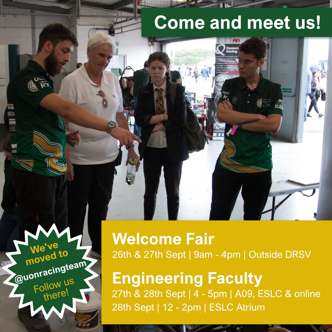 📣 Come and meet us during Welcome Week! 
1) outside DRSV, Mon &amp; Tue, all day
2) msteams.link/944L or A09, ESLC Building, Tue &amp; Wed, 4-5pm
3) ESLC Atrium, Wed, 12-2pm

🤩 Sign up for the team forms.office.com/r/wXV3FB8s8s

#weareuon #electric #racing #solarchallenge #innovation