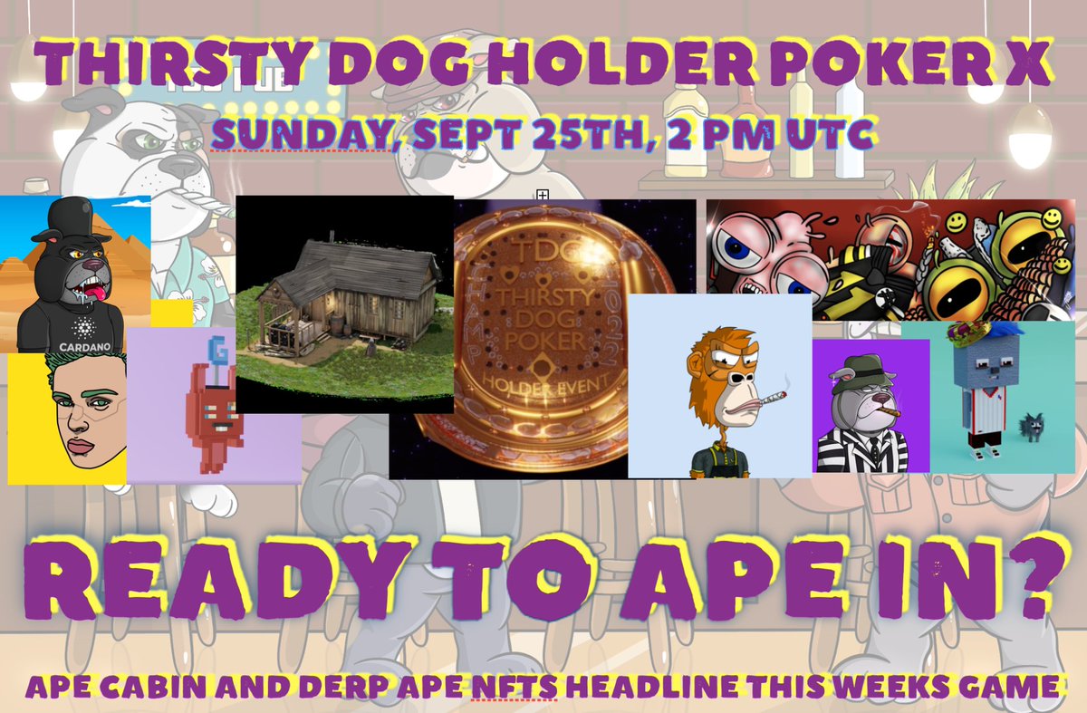 ThirstyDogCrew's tweet photo. This week's THIRSTY DOG CREW Holder Only Poker Tourney prizes include NFTs from these great projects!
In addition to these prizes, holders of 5 TDC will have a chance at an OG @claymates!
@the_ape_society @DerpBirdsNFT @ada_nauts @dotdotcreatures @thevoxsociety #DigitalLowlife https://t.co/F5f5NoDW4G