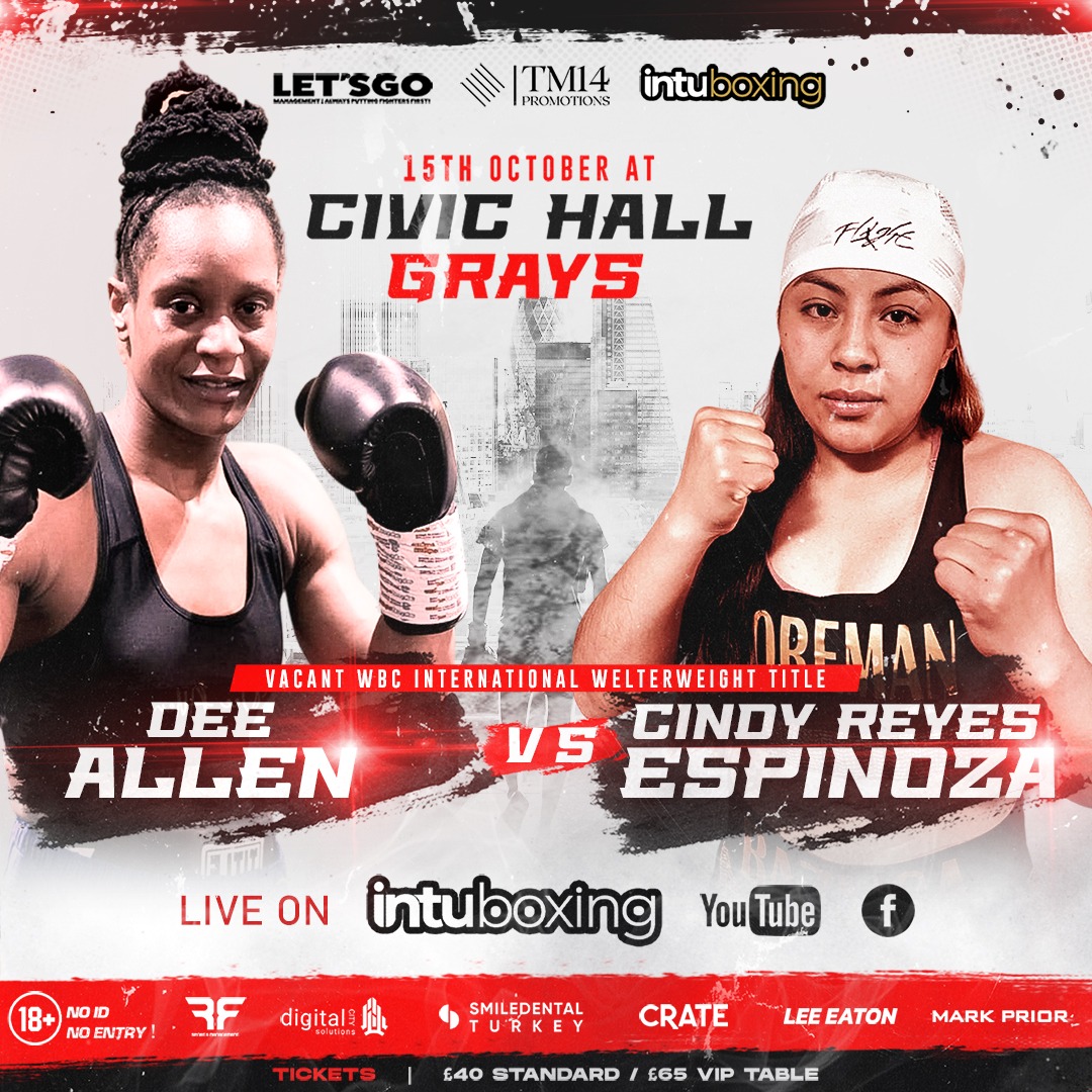 RobbieFlynn1's tweet photo. *Title Announcement*
In just her 4th professional fight Dee Allen will face unbeaten Mexican opponent Cindy Reyes Espinoza for the vacant WBC International welterweight title.
Saturday 15th of October,
Grays Civic Hall, Essex
Congratulations @team_allen1
#AndTheNew https://t.co/d0sHRRMiDe