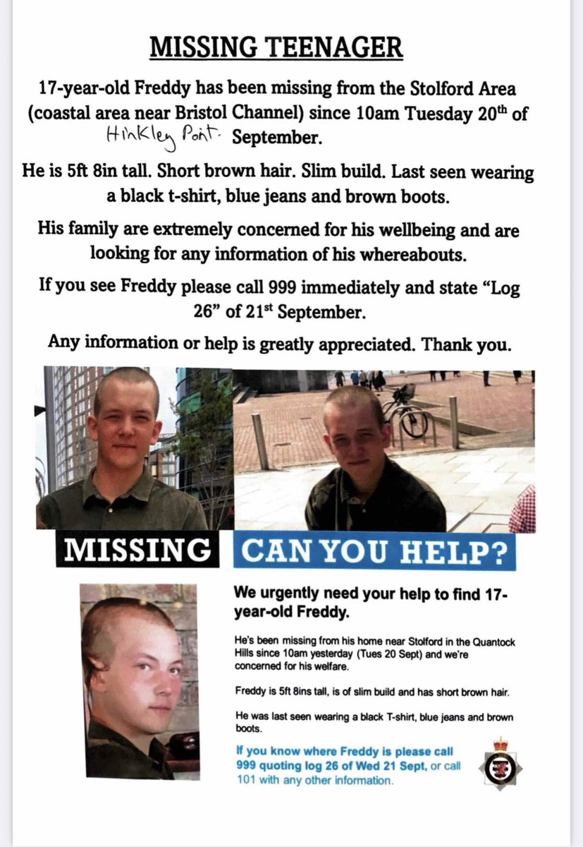 edenphoebestj's tweet photo. *Please share to get as much engagement as possible* Missing teenager Freddy from Stolford near Hinkley Point. Missing since 10am Tuesday, his family and friends are so worried. Please call 999 quoting log 26 if you have any information or sightings or message @Phoebe_Perham https://t.co/JZzYN2pTya