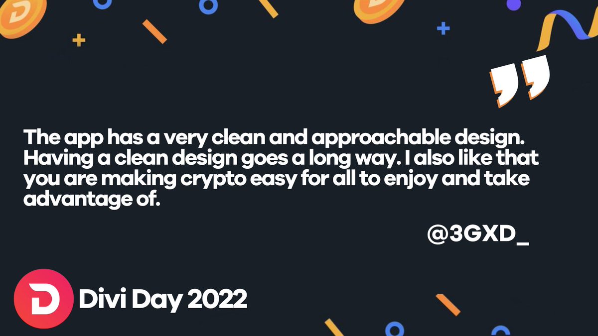 DiviProject's tweet photo. For #DiviDay2022, we asked all of you what your favorite aspect of $DIVI is. @3gxd_ is a fan of the @diviwallet and how smooth it is. 👈

Cheers, and thank you for being part of this amazing community! 🤝

Only 11 hours until #DiviDay 🔥 https://t.co/4DO2qUgI6x