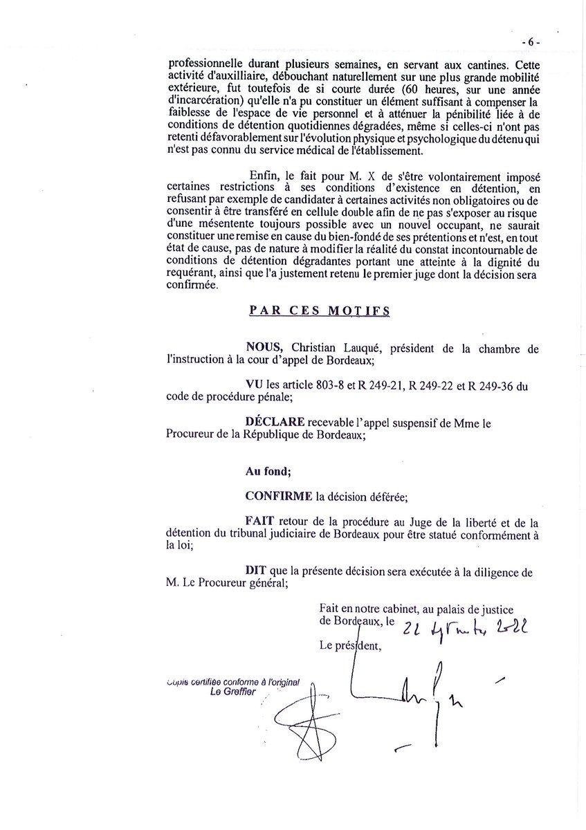 Magnifique décision du président de la chambre de l'instruction de la cour d'appel de Bordeaux qui confirme l'ordonnance du JLD sur les conditions indignes de détention actuellement en vigueur à Gradignan, en y ajoutant un surplus de motivation. <a href="/CGLPL/">CGLPL</a> <a href="/BarreauBx/">Ordre des Avocats de Bordeaux</a> #dignité