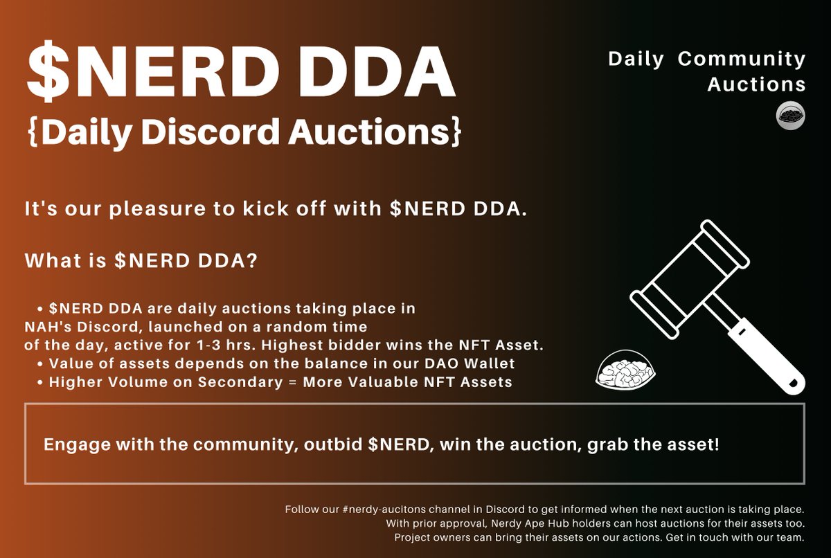 🎉 Introducing $NERD DDA:
Daily Discord Auctions 🎉

Besides weekly auctions, we are empowering $NERD (<a href="/NerdyCoin/">NerdyCoin | #Raid2Earn</a>) to bring you valuable prizes from our Daily Auctions from now on. 

Join us: discord.gg/3sqrapuG5q 

#NerdyApeHub #NerdyCoin #NerdyLabs