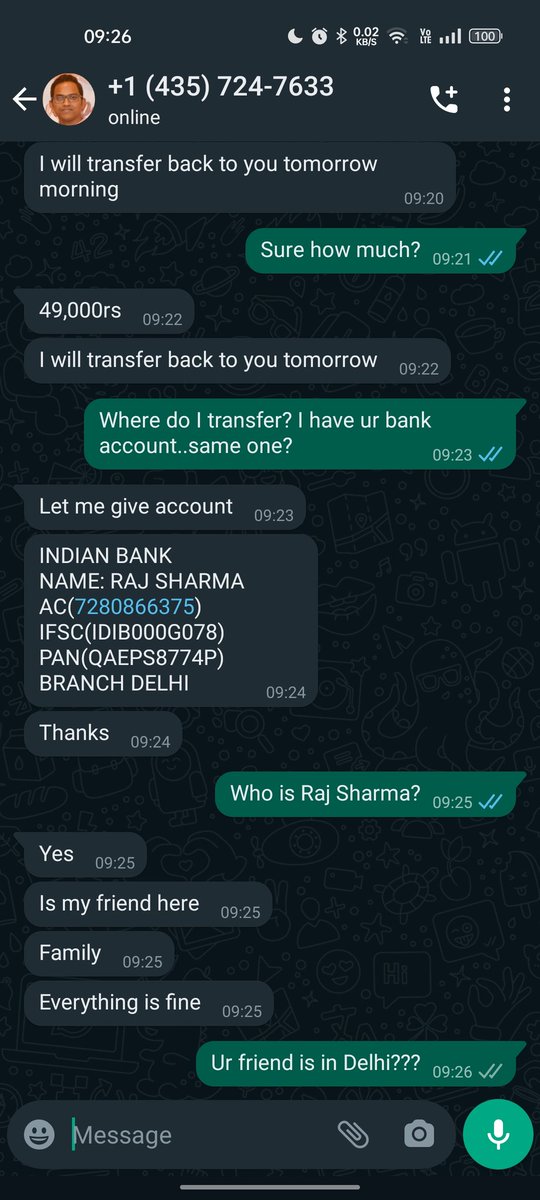 <a href="/MyIndianBank/">Indian Bank</a> a scammer is operating using an account in your banks Delhi branch. Can you take any action?
<a href="/Cybercellindia/">Cyber Complaint</a> <a href="/IndianCERT/">CERT-In</a> an attempt to scam me using my friends name and picture. Can you take any action on this ?
<a href="/WhatsApp/">WhatsApp</a> can you pls block such numbers?