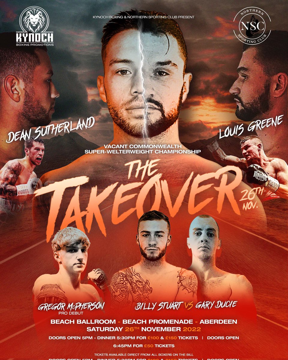 The⚡️Takeover 

November 26th a big night of boxing returns to the granite city.🥊

Dean Sutherland 🆚️ Louis Greene - vacant Commonwealth title.

Billy Stuart🆚️Gary Ducie in an excellent all-Scottish clash. 🏴󠁧󠁢󠁳󠁣󠁴󠁿

The highly-anticipated professional debut of Gregor McPherson.👊