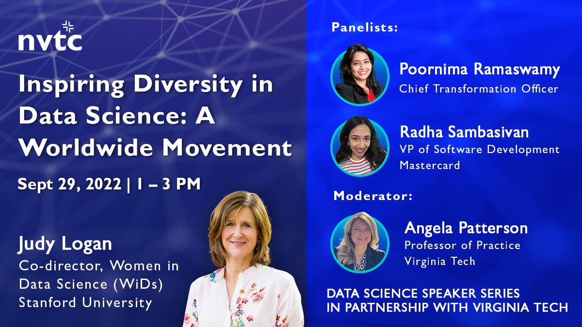 Hear from Judy Logan, @WiDS_Worldwide <a href="/Stanford/">Stanford University</a> University, and expert panelists, 9/29 at 1 p.m. as part of NVTC’s Data Science Speaker Series in partnership with <a href="/virginia_tech/">Virginia Tech</a> to learn about inspiring diversity in data science. RSVP today! #NVTC
ow.ly/bpuI50KIHJP